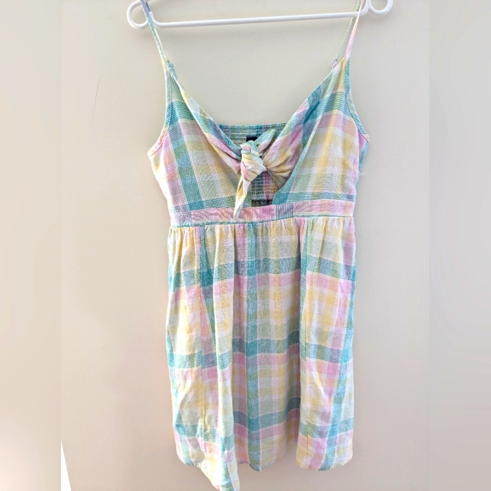 Old Navy Fit & Flare Linen Blend Tie-Front Smocked Plaid Mini Cami Dress Size M